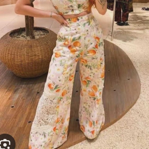 FARM Rio Pants - farm rio size 0 tangerine dream wide-leg lace cutout pants